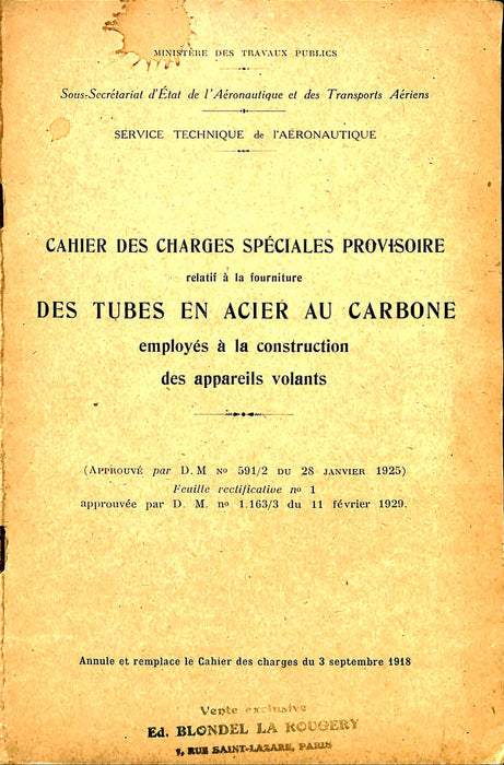 Cahier des charges des tubes en acier au carbone pour la construction aéronautique (1929) (édition originale)