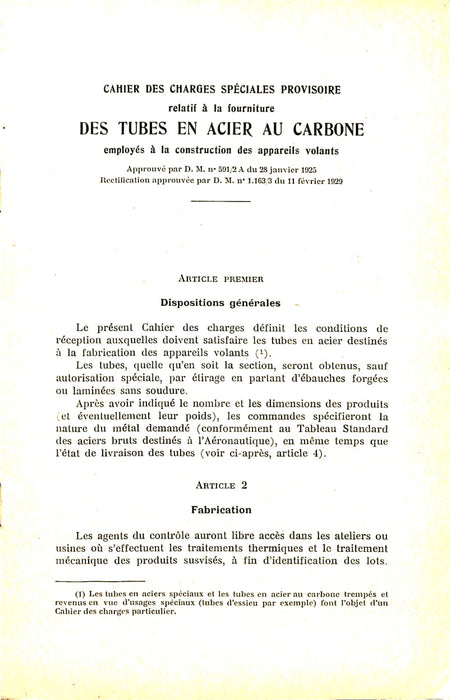 Cahier des charges des tubes en acier au carbone pour la construction aéronautique (1929) (édition originale)