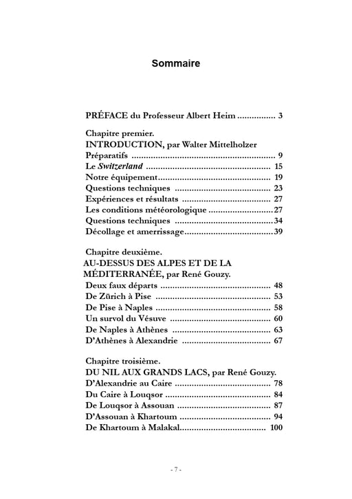 Sommaire de l'ebook Walter Mittelholzer : Raid Aérien Suisse - Transafrique (1927) listant les chapitres.