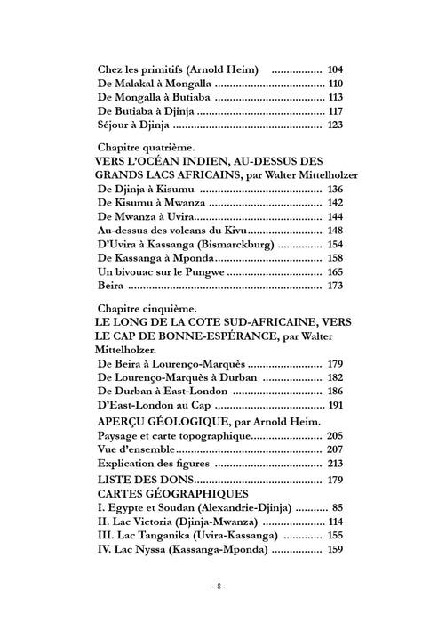Table des matières détaillée du livre Raid Aérien Suisse - Transafrique (1927) par Walter Mittelholzer.