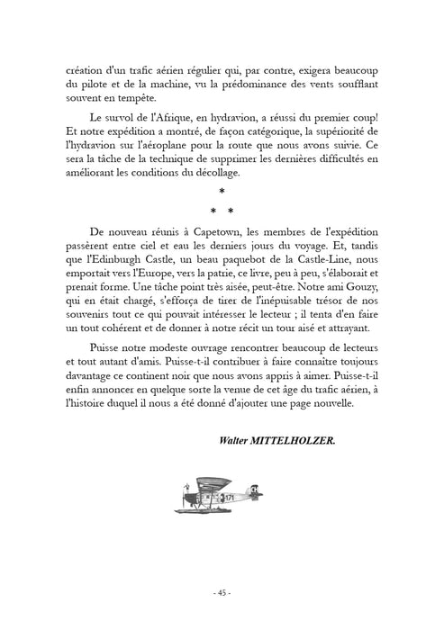 Page de l'ebook Raid Aérien Suisse avec texte et une illustration historique d'hydravion biplan datant de 1927.