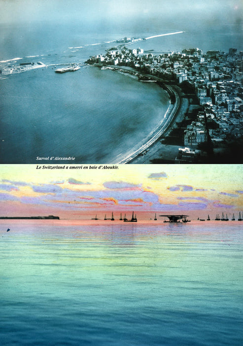 Alexandrie vue du ciel et hydravion sur la mer au coucher du soleil (Raid Aérien Suisse 1927).