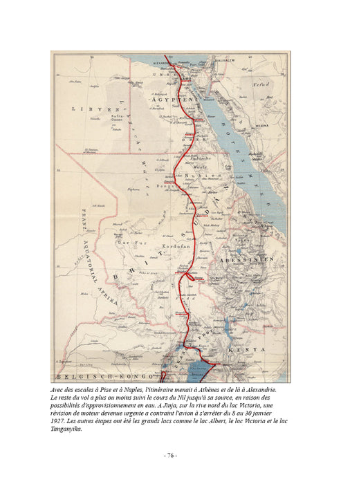 Carte détaillée du raid aérien Transafrique de Walter Mittelholzer en 1927, itinéraire avec étapes clés, Afrique.