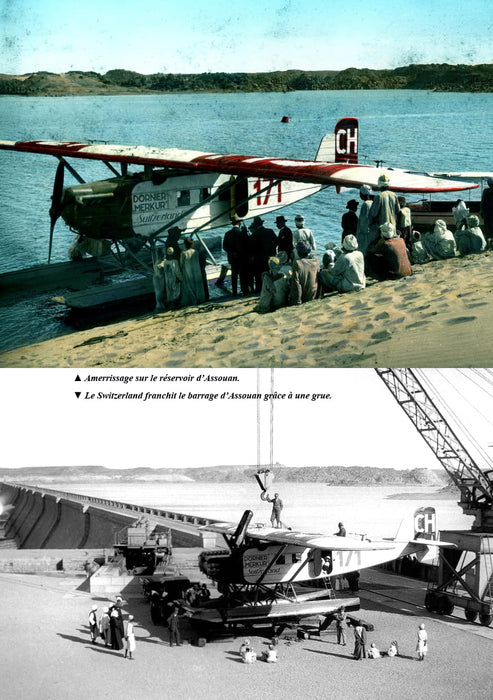 Dornier Merkur amerrissant près d'Assouan en 1927, puis soulevé par une grue, Walter Mittelholzer Transafrique.
