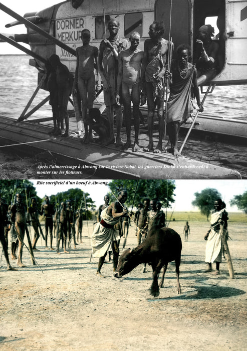 Guerriers Dinka observant l'hydravion Dornier Merkur et rite sacrificiel d'un bœuf à Abwong, raid Transafrique 1927