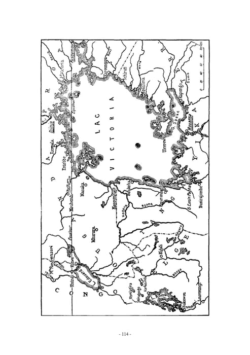Carte détaillée noir et blanc de la région du Lac Victoria, Afrique, itinéraire du raid aérien Transafrique (1927).