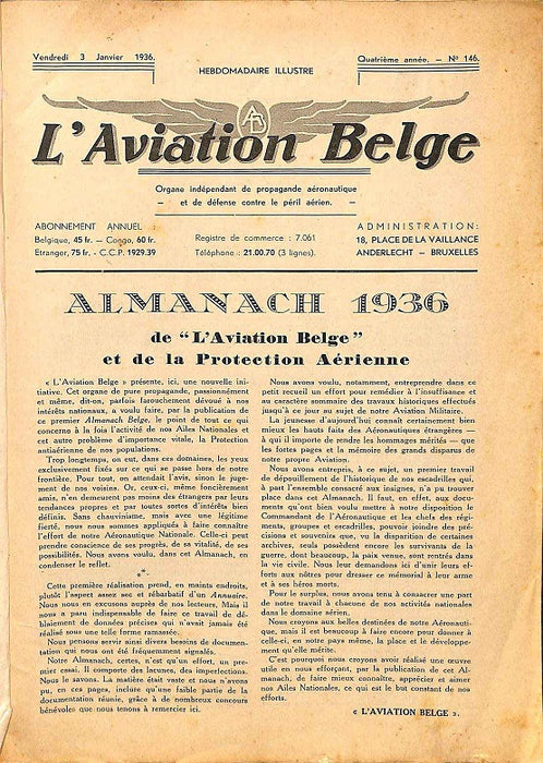 Almanach de l'aviation belge 1936 - Almanaque de la Aviación y Protección Aérea Belga