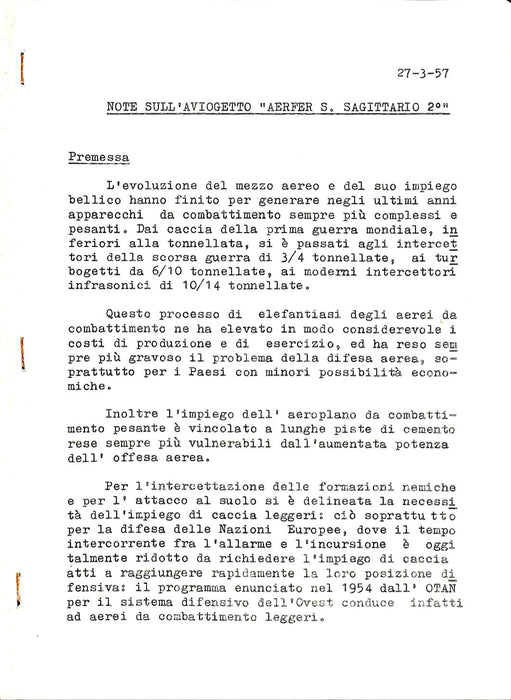 Aerfer - Note sull'aviogetto Sagittario 2  (1957) - opmerking van de fabrikant
