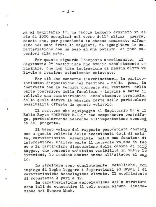 Aerfer - Note sull'aviogetto Sagittario 2  (1957) -nota del costruttore
